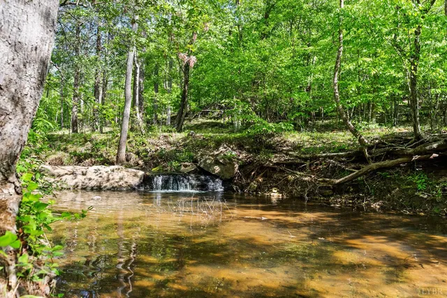 an aerial view of residential house with outdoor space and trees all around