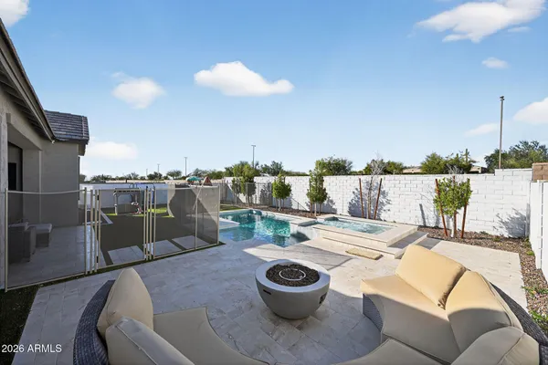 a view of a terrace with furniture