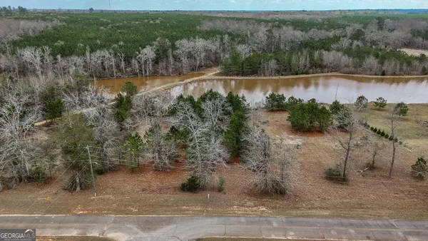 a view of a lake with a yard and trees
