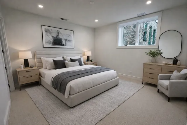 a bedroom with a bed mirror and painting on the wall