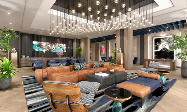 a outdoor space with patio lots of furniture and a chandelier