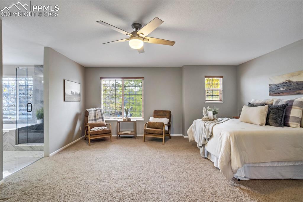 3140 River Valley View Colorado Springs, CO 80922 - Photo 24 of 49 a bedroom with a bed and a chandelier