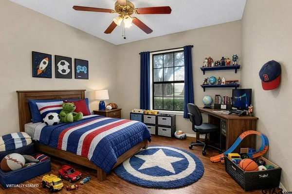 a bedroom with bed and a window