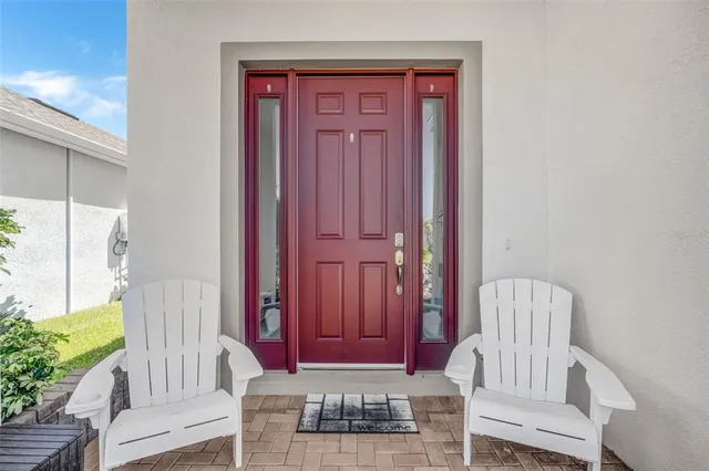 a view of front door with chair and potted plant