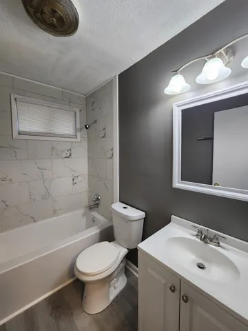 a bathroom with a toilet a sink a mirror and a bathtub