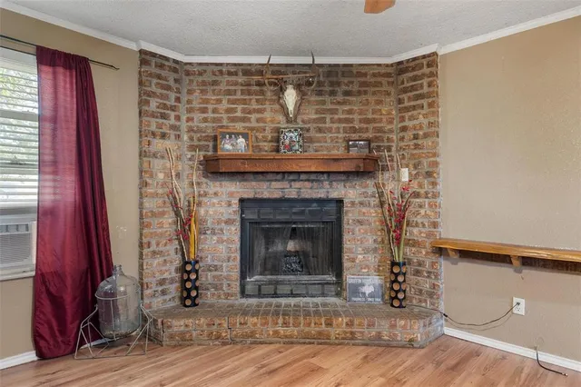 a living room with a fireplace