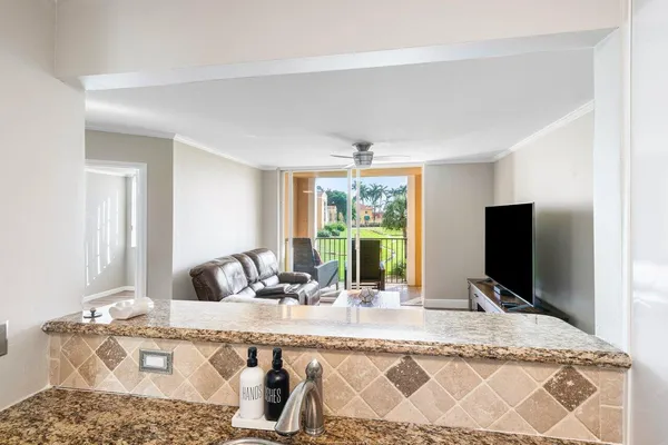 a view of living room with granite countertop a couch and a flat screen tv