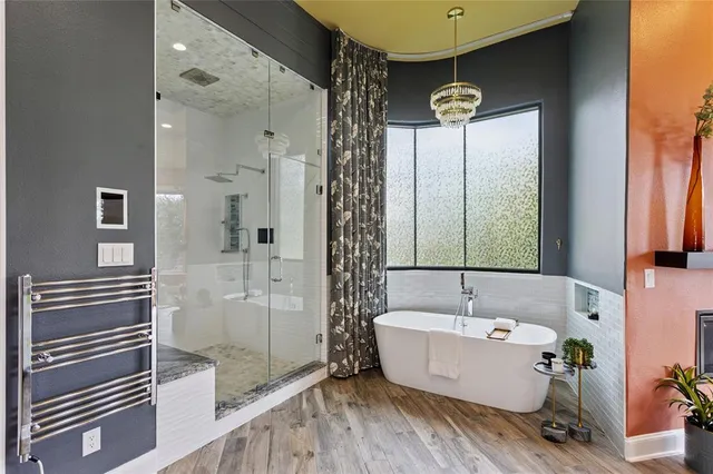 a bathroom with a bathtub and a shower
