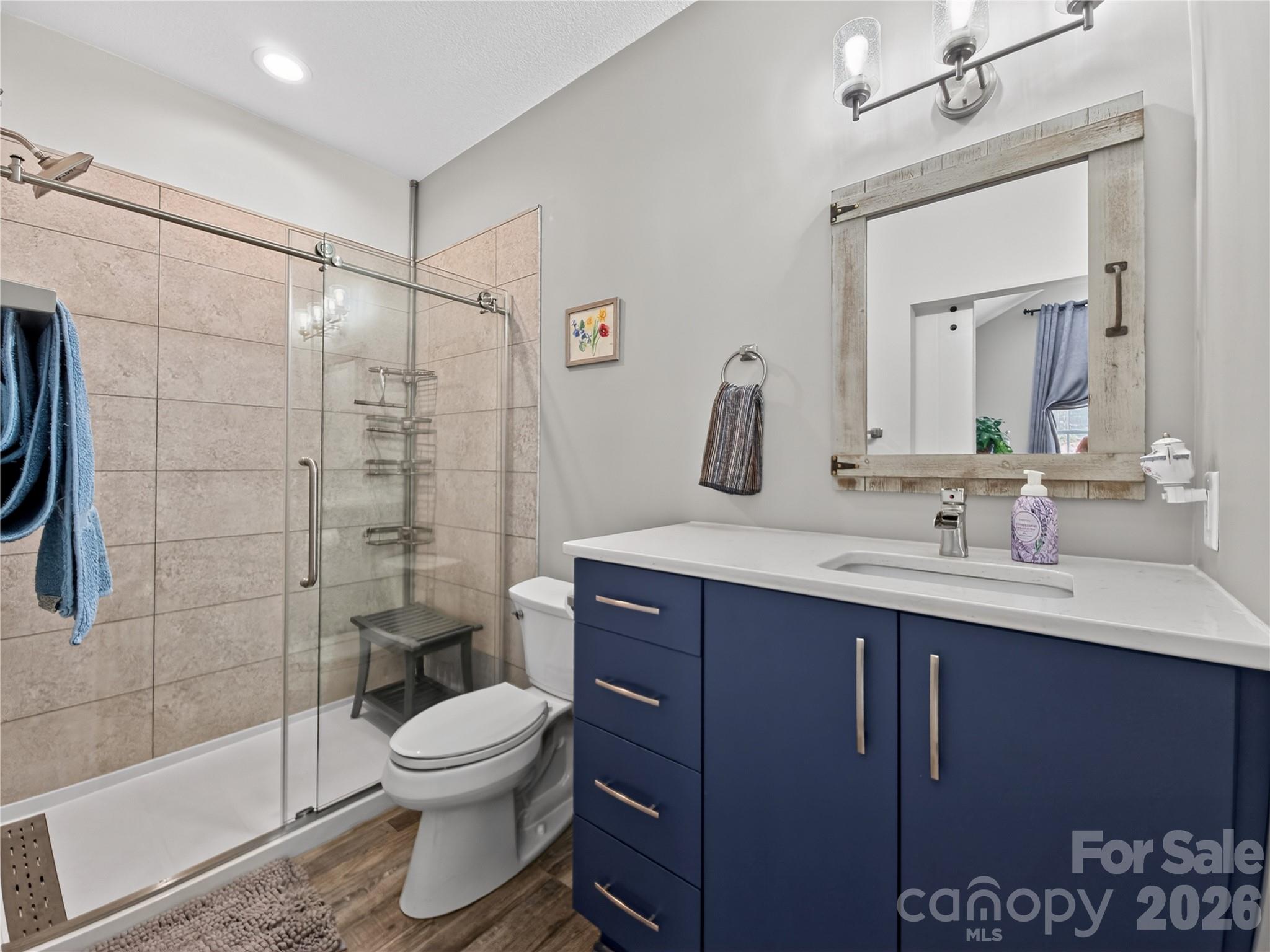 278 Hunters Trace Rutherfordton, NC 28139 - Photo 12 of 33 a bathroom with a toilet a sink a mirror a vanity and shower