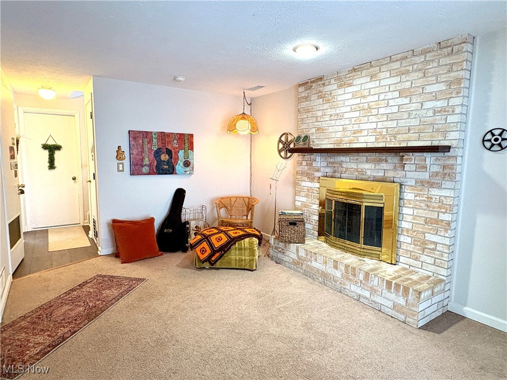 4015 Marks Road, Unit 3C Medina, OH 44256 - Photo 21 of 36 Living room with carpet flooring, a fireplace, and a textured ceiling