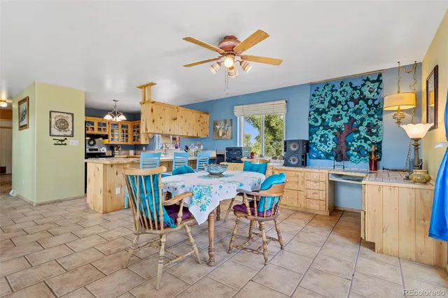 a view of a dining room with furniture window and outside view