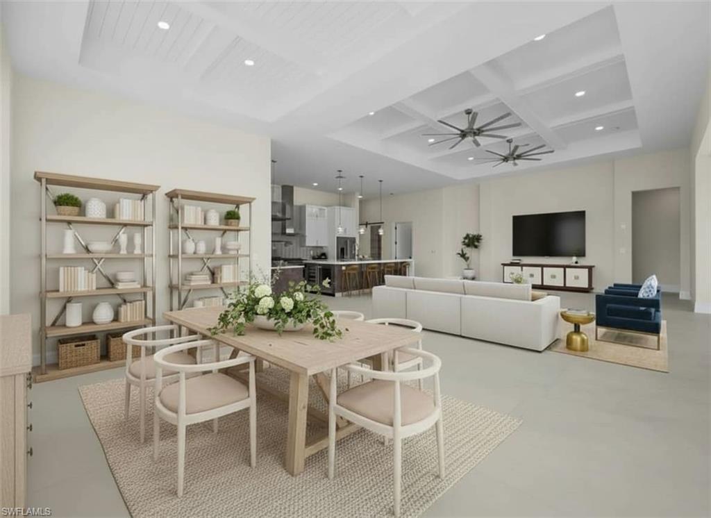 1045 Morningside Drive Naples, FL 34103 - Photo 16 of 50 Virtually Staged Dining space with coffered ceiling, beam ceiling, recessed lighting, a ceiling fan, and a high ceiling