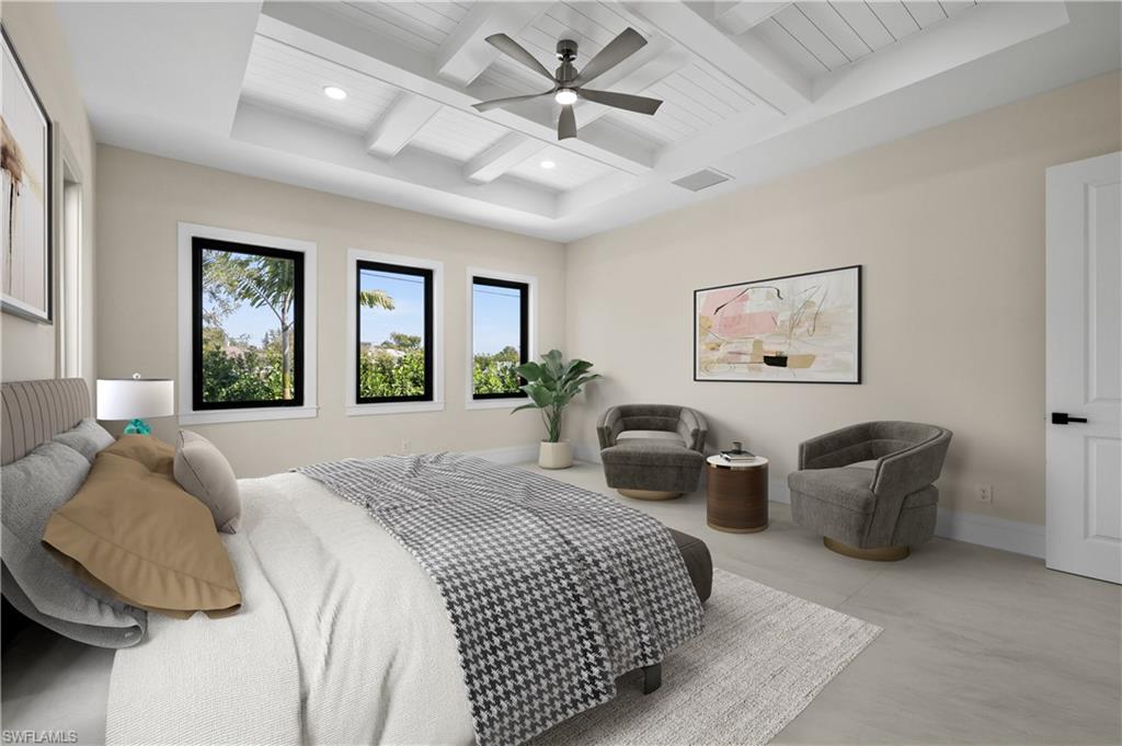 1045 Morningside Drive Naples, FL 34103 - Photo 31 of 50 Virtually Staged Bedroom featuring beamed ceiling, ceiling fan, and recessed lighting