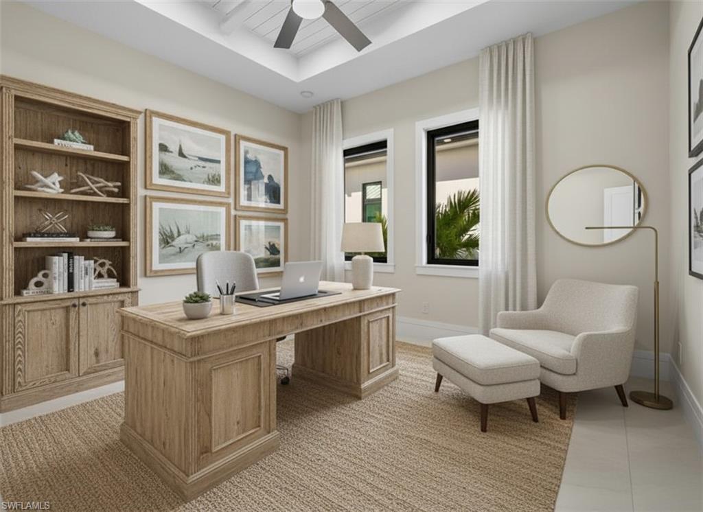 1045 Morningside Drive Naples, FL 34103 - Photo 37 of 50 Virtually Staged Bedroom 2 Office area with a ceiling fan, a raised ceiling, and light tile patterned floors
