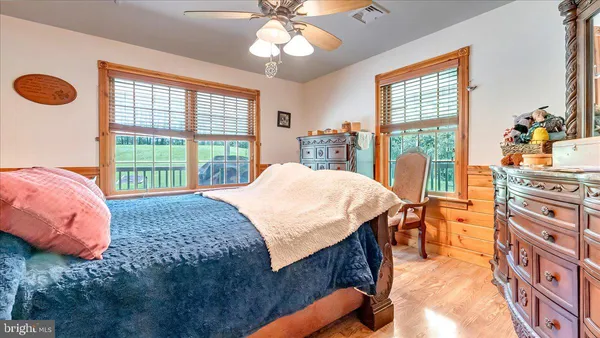 a bedroom with a bed and a large window