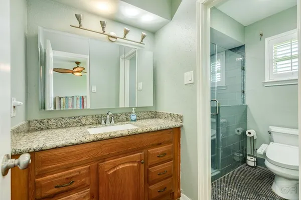 a bathroom with a granite countertop sink toilet and shower