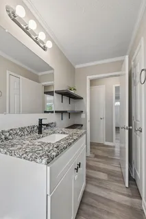 a bathroom with a sink and a mirror