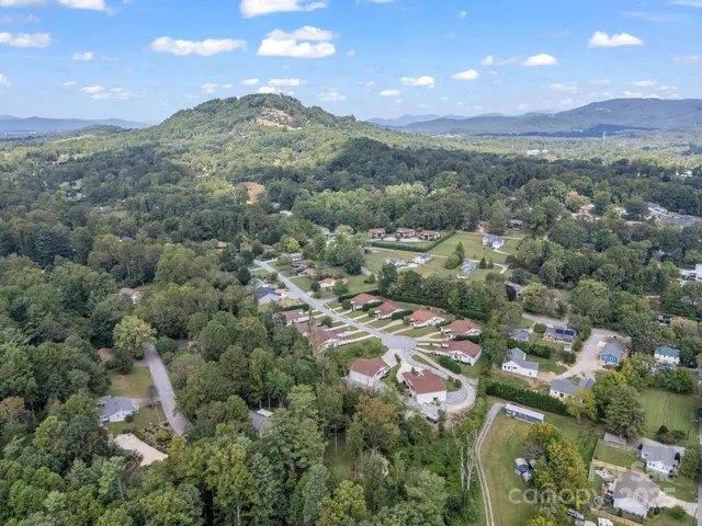 an aerial view of residential houses with outdoor space and trees