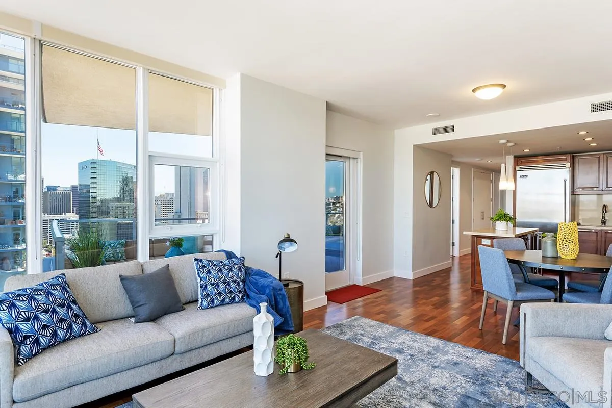 1325 Pacific Highway, Unit 2705 San Diego, CA 92101 - Photo 7 of 59 a living room with furniture and a large window