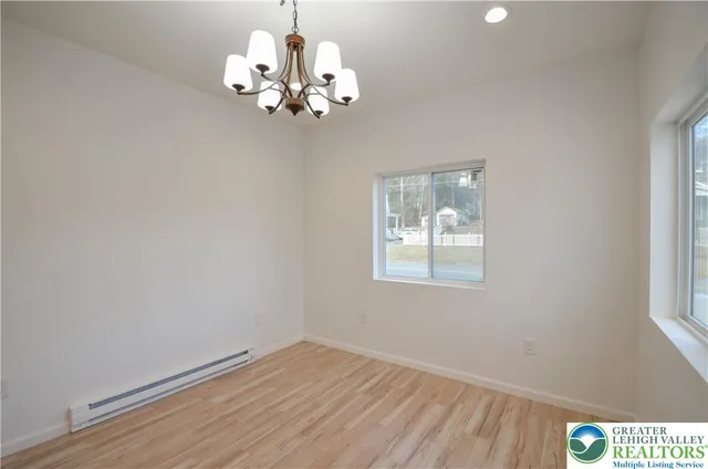 a view of a chandelier in a room