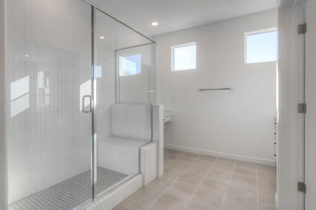 a bathroom with a shower and closet