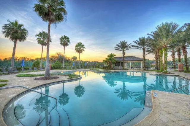 a view of swimming pool with a yard and palm trees