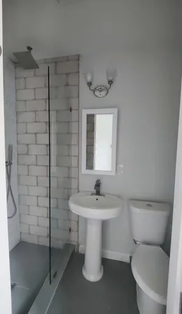 a bathroom with a sink a toilet and shower