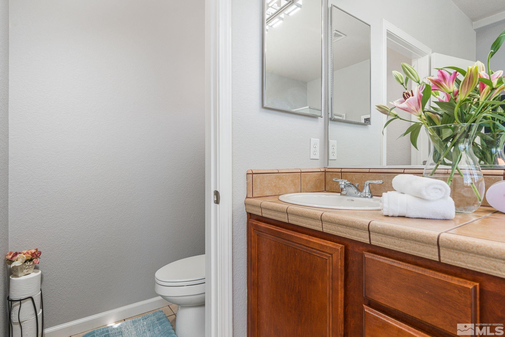 450 Ruffian Court Reno, NV 89521 - Photo 26 of 40 a bathroom with a granite countertop sink and a toilet