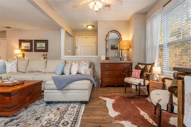 a living room with furniture potted plant and a window
