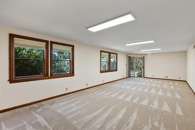 a view of a city with lush green forest