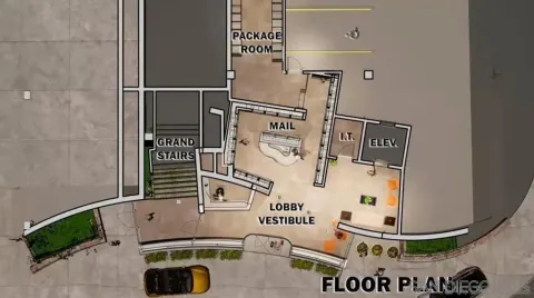 a living room with furniture chandelier and a large window