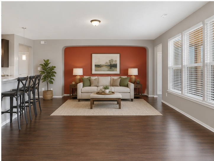 640 Landon Samuel Loop Pflugerville, TX 78660 - Photo 8 of 33 Spacious living area featuring wood-finish flooring, a vibrant accent wall, and multiple windows with blinds