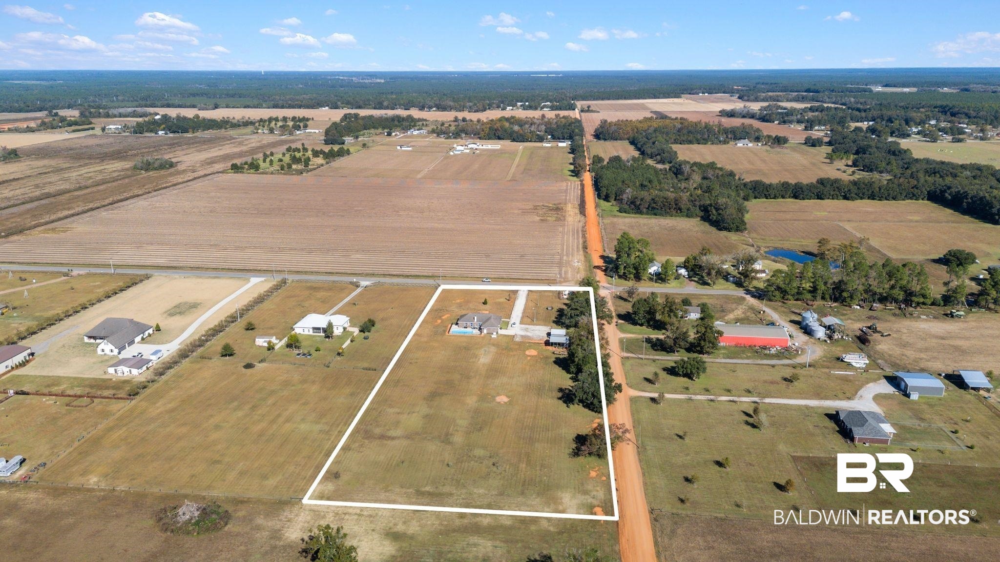 28980 Comstock Road Elberta, AL 36530 - Photo 35 of 38 Aerial view of property's location featuring property parcel outlined and rural landscape