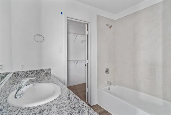 a bathroom with a tub sink and mirror