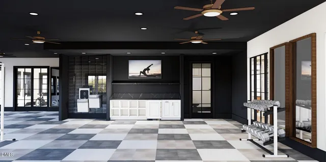 a view of a hall with living room and dining area