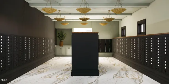 a bathroom with a shower and a mirror