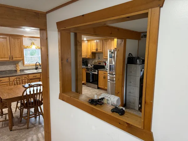 a view of a room with shelves