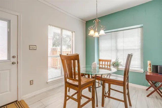 a view of a dining room with furniture and window