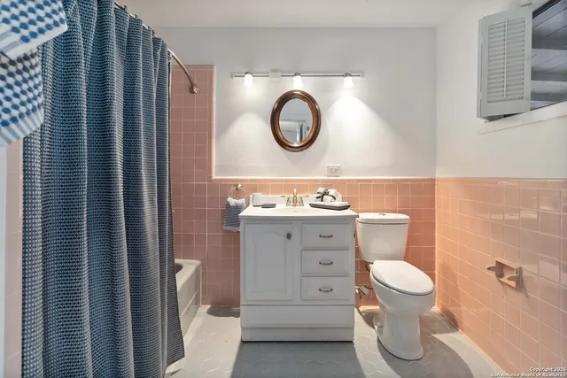 a bathroom with a toilet sink vanity and mirror