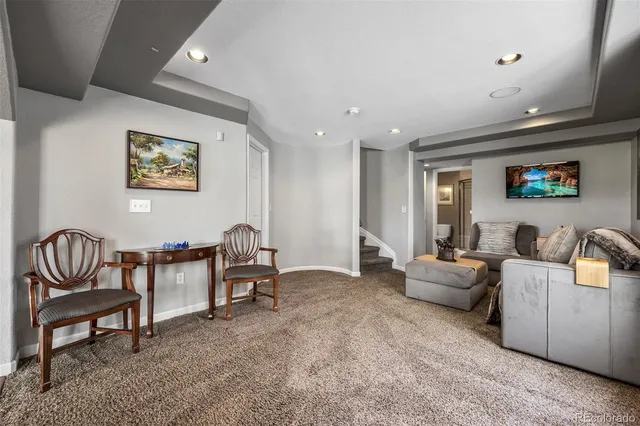 a view of a dining room with furniture