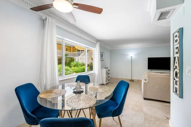 a view of a dining room with furniture window and outside view
