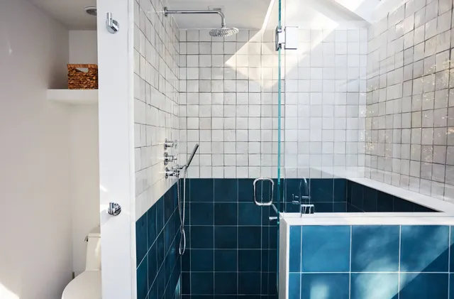 a bathroom with a bathtub and shower