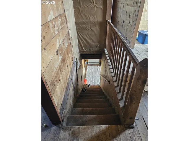 a view of a dry yard with wooden fence