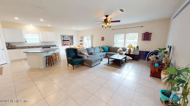 a living room with furniture and a potted plant