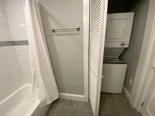 a bathroom with a bathtub