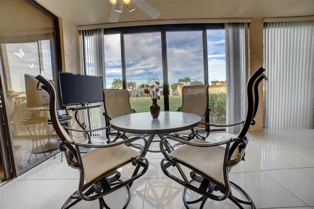 a view of a dining room with furniture window and outside view