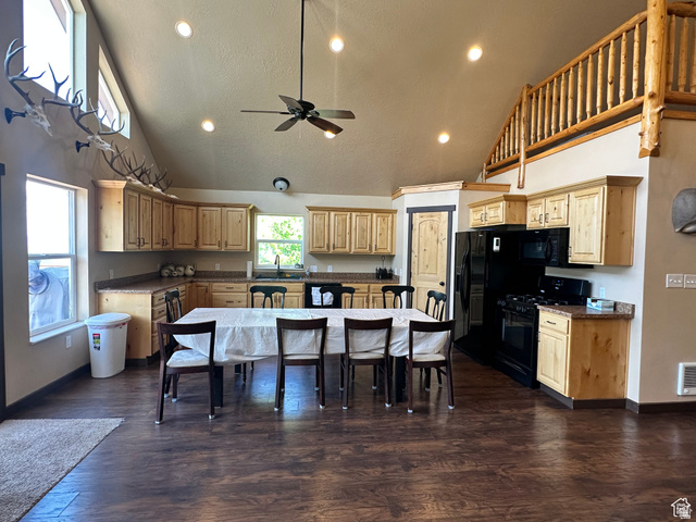 12 Crook Street Fish Haven, ID 83287 - Photo 15 of 35 Kitchen with a ceiling fan, black appliances, light wood finish cabinetry, dark wood-style flooring, and a high ceiling