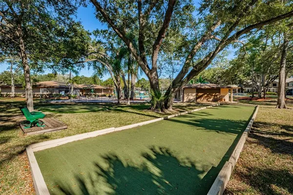 a view of backyard with wooden fence and large trees