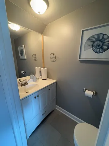 a bathroom with a sink vanity and toilet