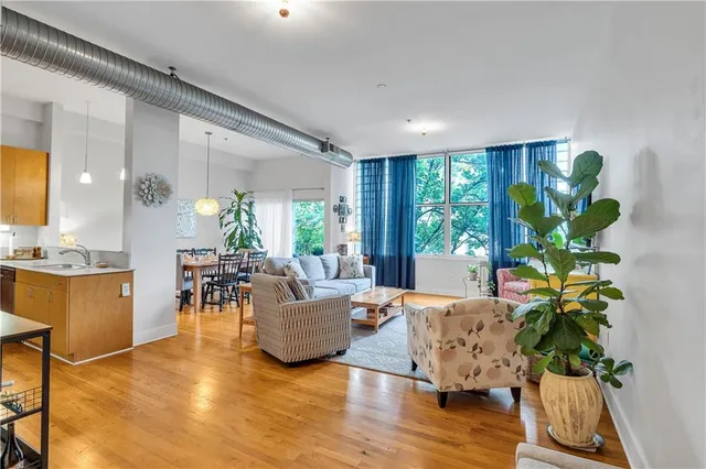 a living room with furniture potted plant and a large window
